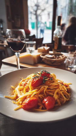 Served table with italian pasta and wine with window light. Generative AI.の写真素材