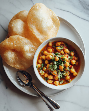 Indian breakfast Poori with chickpea chana masala curry. Generative AI.の写真素材