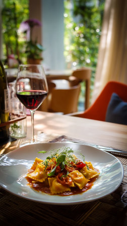 Cheese Ravioli and Red Wine, restaurant background. AI Generative.の写真素材