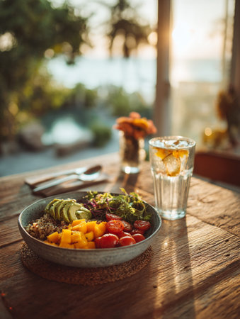Close up of bowl with quinoa salad with red tomatoes, mango. restaurant background.の写真素材