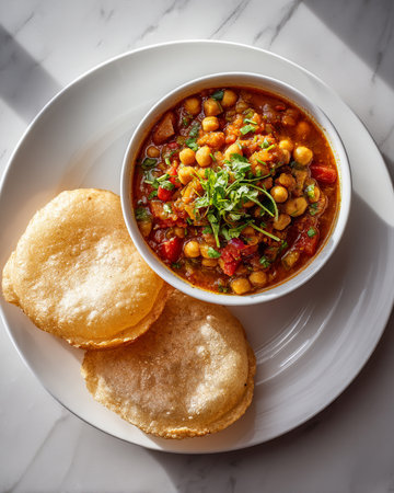 Indian breakfast Poori with chickpea chana masala curry. Generative AI.の写真素材
