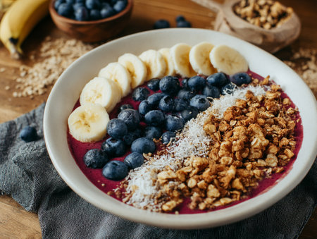 Bowl with Fresh Fruits and Seeds A delicious and healthy acai smoothie bowl topped with banana, blueberry, granola. Generative AI.の写真素材