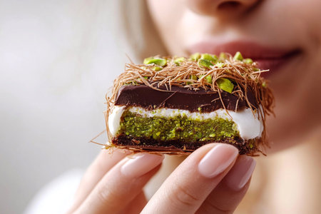 Young pretty girl eating tasty milk chocolate with pistachio cream. Woman enjoying sweet trendy chocolate dessert. Pistachio chocolate with kadayif. AI Generativeの写真素材