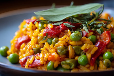 A close-up image of a bowl filled with golden vegetable fried rice showcasing fresh greens and spices.の写真素材