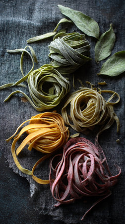3 types of different infused pasta nests. AI Generative.の写真素材