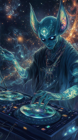A surreal space alien with elongated facial features, wearing traditional orange attire, hands moving over DJ equipment, manipulating sound vibrations in a dreamy interstellar scene. AI Generative.の写真素材