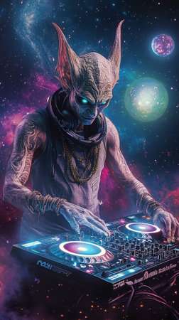 A surreal space alien with elongated facial features, wearing traditional orange attire, hands moving over DJ equipment, manipulating sound vibrations in a dreamy interstellar scene. AI Generative.の写真素材