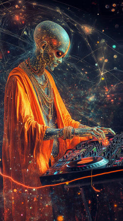 A surreal space shaman with elongated facial features, wearing traditional orange attire, hands moving over DJ equipment, manipulating sound vibrations in a dreamy interstellar scene. AI Generative.の写真素材