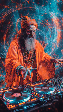 A surreal space shaman with elongated facial features, wearing traditional orange attire, hands moving over DJ equipment, manipulating sound vibrations in a dreamy interstellar scene. AI Generative.の写真素材