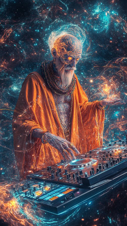 A surreal space shaman with elongated facial features, wearing traditional orange attire, hands moving over DJ equipment, manipulating sound vibrations in a dreamy interstellar scene. AI Generative.の写真素材