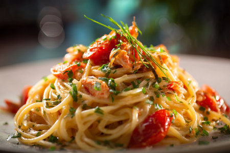 Homemade pasta with shrimps and tomato sauce. Traditional Italian cuisine. AI Generative.の写真素材