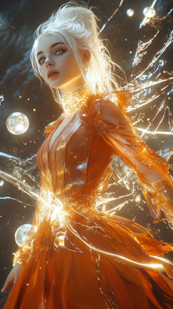 Beautiful woman in futuristic costume. Portrait of young girl in modern headphones listening music. AI Generative.の写真素材