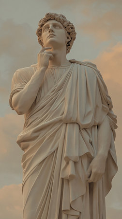 Stone statue of male figure standing outdoor. Concepts: historical monument, contemplation and wisdom, heritage preservation. AI Generative.の写真素材