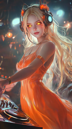 Beautiful woman in futuristic costume over night trance festival background. Portrait of young girl in modern headphones listening music. AI Generative.の写真素材