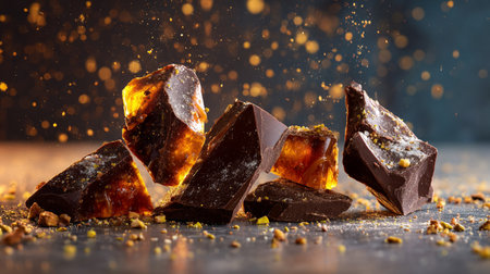 Caramel chocolate bar crushed in the air into pieces on a brown background. AI Generative.の写真素材