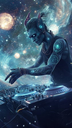 A surreal space alien with elongated facial features, wearing traditional orange attire, hands moving over DJ equipment, manipulating sound vibrations in a dreamy interstellar scene. AI Generative.の写真素材