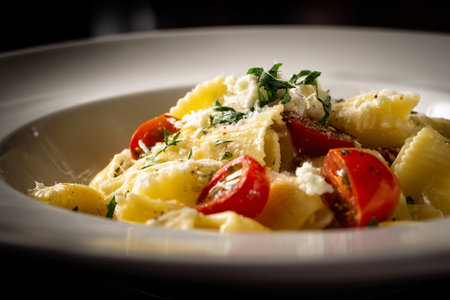 Closeup of italian pasta with vegetables and parmesan cheese, selective focus, shallow depth of field. AI Generative.の写真素材