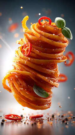 Italian Tomatoes pasta Falling and Flying with spices on gray background. AI Generative.の写真素材