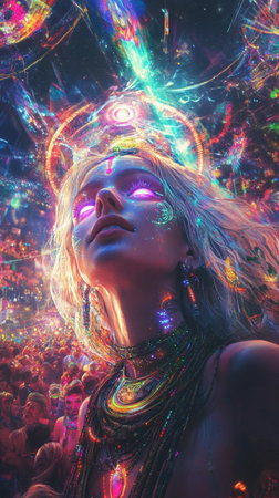 Beautiful woman in futuristic costume over night trance festival background. Portrait of young girl in modern headphones listening music. AI Generative.の写真素材