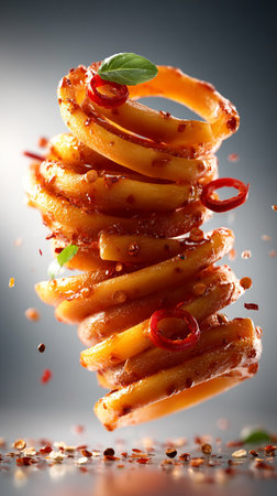 Italian pasta Falling and Flying with spices on gray background. AI Generative.の写真素材