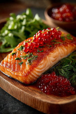 Salmon fillet with red caviar on wooden background. AI Generative.の写真素材