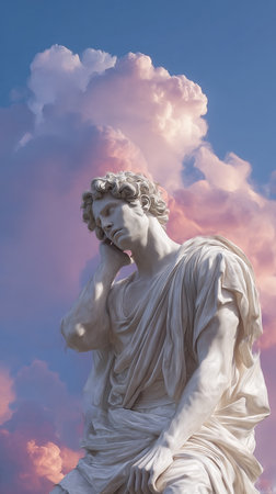 Stone statue of male figure standing outdoor. Concepts: historical monument, contemplation and wisdom, heritage preservation. AI Generative.の写真素材