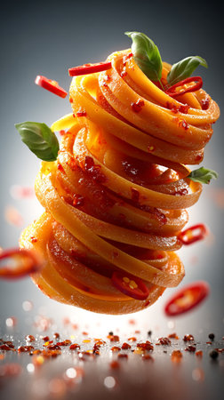 Italian Tomatoes pasta Falling and Flying with spices on gray background. AI Generative.の写真素材