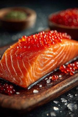 Salmon fillet with red caviar on wooden background. AI Generative.の写真素材