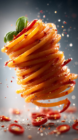 Italian Tomatoes pasta Falling and Flying with spices on gray background. AI Generative.の写真素材