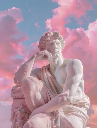 Stone statue of male figure standing outdoor. Concepts: historical monument, contemplation and wisdom, heritage preservation. AI Generative.の写真素材