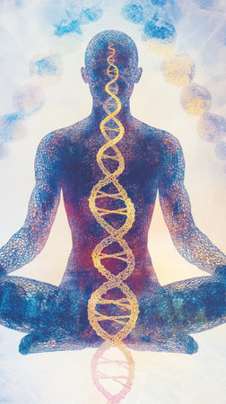 Man practicing yoga, DNA molecule against silhouette background. AI Generative.の写真素材