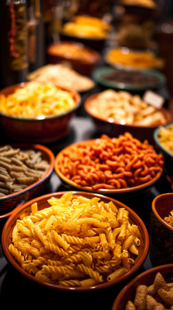 close up background food of a variety of colorful Italian spaghetti, tagliatelle pasta on display on a store shelf.の写真素材