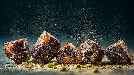 Caramel chocolate bar crushed in the air into pieces on a brown background. AI Generative.