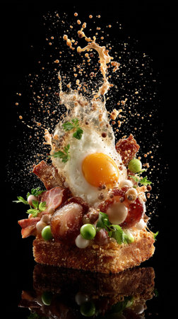 Fresh delicious tasty homemade sandwich with avocado, roasted egg and bacon falling in the air isolated on gray background. AI Generative.の写真素材