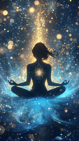 Silhouette of a woman in lotus meditation position with Seven Chakras on flowing rainbow energy background. AI Generative.の写真素材