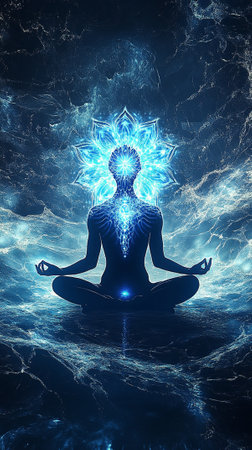 Silhouette of a man in lotus meditation position with Seven Chakras on flowing blue energy background. AI Generative.の写真素材