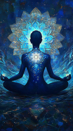 Silhouette of a man in lotus meditation position with Seven Chakras on flowing blue energy background. AI Generative.の写真素材