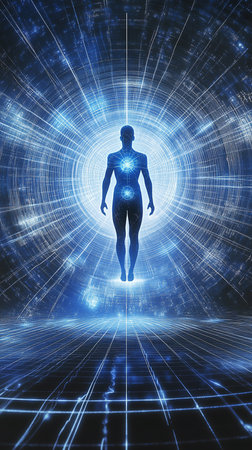 Abstract sacred geometry of Vishuddha throat chakra, tones of blue and silver, energy radiating in concentric, human figure, cosmic background, light flowing through lines, surreal spiritual art, AI Generative.の写真素材