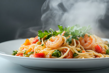 Spaghetti with shrimps, tomato and chopped parsley. AI Generative.の写真素材