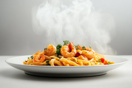 Spaghetti with shrimps, tomato and chopped parsley. AI Generative.の写真素材