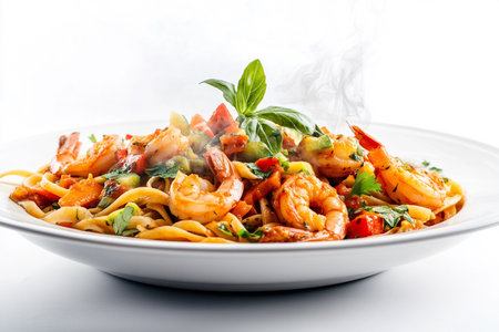 Spaghetti with shrimps, tomato and chopped parsley. AI Generative.の写真素材