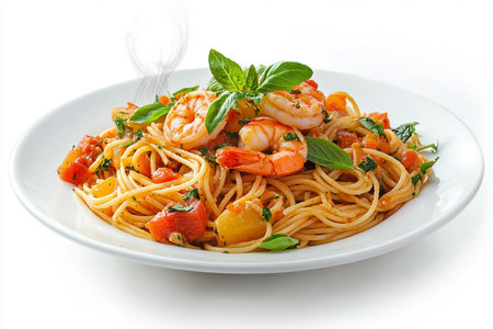 Spaghetti with shrimps, tomato and chopped parsley.の写真素材
