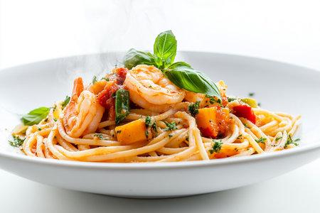 Spaghetti with shrimps, tomato and chopped parsley.の写真素材