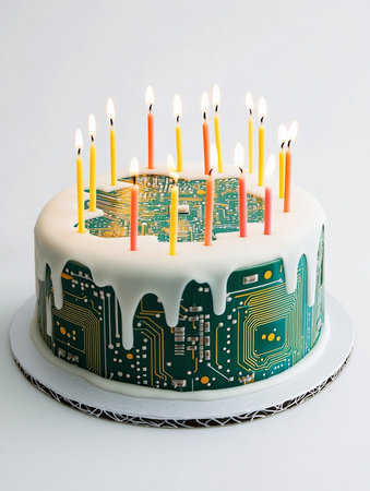 A futuristic birthday cake made of technological components, glowing circuits, metallic layers, fiber optic cables, and LED lights. AI Generative.の写真素材