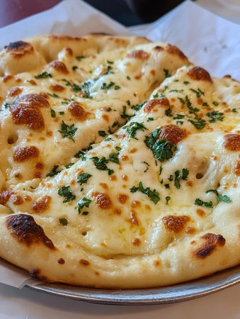 Indian naan bread with garlic butter and sauces on wooden table. AI Generative.の写真素材