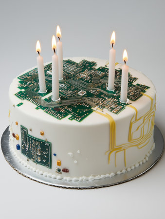 A futuristic birthday cake made of technological components, glowing circuits, metallic layers, fiber optic cables, and LED lights. AI Generative.の写真素材