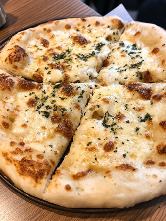 Indian naan bread with garlic butter and sauces on wooden table. AI Generative.