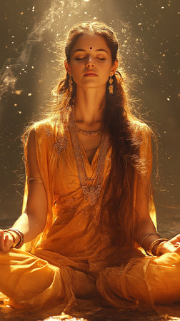 Young cheerful woman meditating in casual outfit on vibrant orange background promoting harmony and relaxation. AI Generative.の写真素材