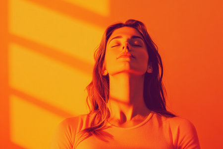 Young cheerful woman meditating in casual outfit on vibrant orange background promoting harmony and relaxation. AI Generative.の写真素材