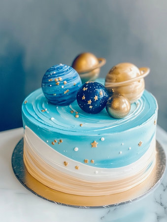 Space theme cake. Cake decorated with constellations and planets with stars.の写真素材